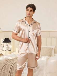 SHEIN 男士對比色鑲邊家居服套裝,柔軟面料 - 香檳色 - 查看 5
