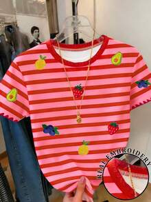 Resyla Women's Striped Fruit Print T-Shirt / Daily Casual / Summer - Yellow - View 1