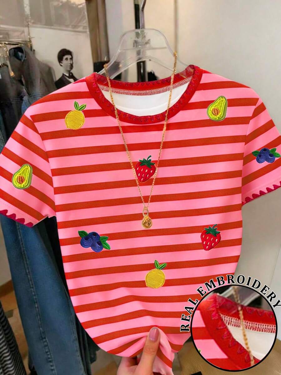 Resyla Women's Striped Fruit Print T-Shirt / Daily Casual / Summer - Yellow - View 1