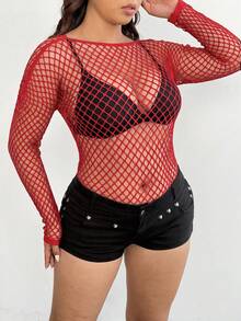 Whyspr Plus Size Women Sexy Hollow Out Sheer Blouse - Red - View 4