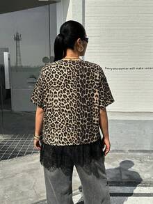 Muchica Áo thun nữ cỡ lớn dáng rộng, thoải mái, họa tiết da báo, viền ren tương phản, thích hợp cho kỳ nghỉ hè. - Nhiều màu - Xem 4