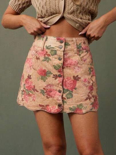 WESTFADE Falda vaquera mini de línea A con estampado de flores, de algodón 100%, con botones delanteros y cintura alta con escote ondulado. Casual, linda, para otoño, invierno, estilo bohemio, vestimenta occidental para mujer, atuendo para conciertos country