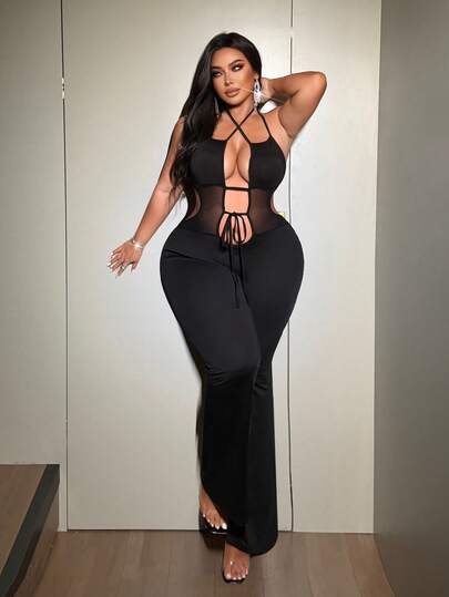 NU&NOW 大码女士性感度假派对交叉吊带系带修身喇叭裤，镂空网纱拼接黑色连体裤