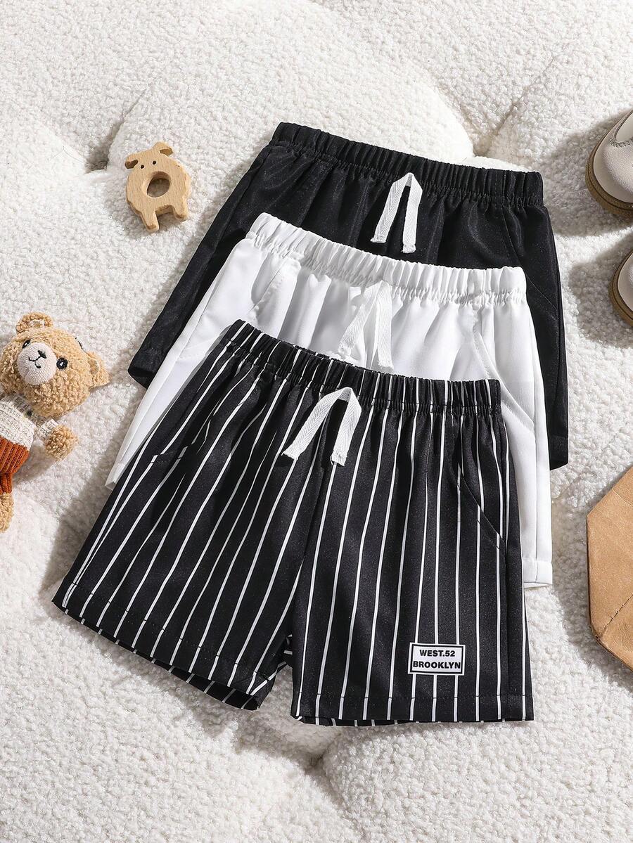 SHEIN Playful Pals Bộ 3 quần short thường ngày đa năng cho bé trai, thích hợp mặc mùa hè. - Đen và trắng - Xem 1