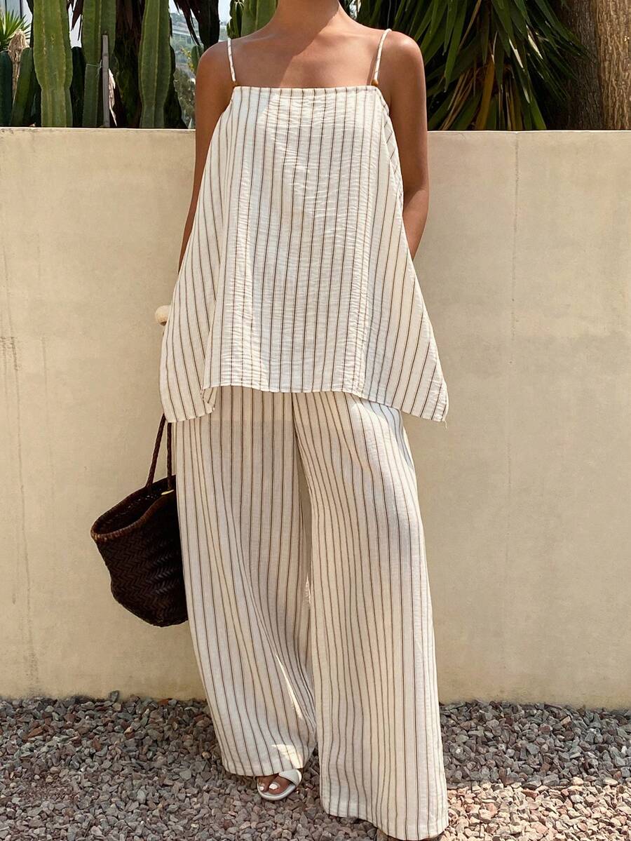 Livesso Conjunto de férias de verão feminino - Blusa regata branca com estampa listrada solta e calça casual, conjunto de 2 peças - Damasco - Ver 1