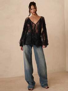 SHEIN Glamour Áo kiểu dáng thường ngày tay dài cổ chữ V màu cà phê dành cho nữ - màu đen - Xem 3