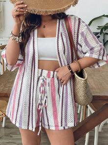 SHEIN VCAY Plus Size Women Summer Blue & White Striped Shirt And Shorts Knit 2 Pieces Set - Multicolor - View 6