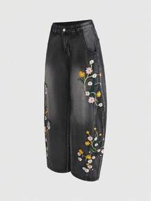 夏季新款女士牛仔裤，正面花卉刺绣设计，时尚舒适的女士牛仔裤 - 黑色 - 查看 5