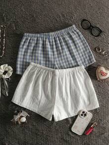 SHEIN EZwear 条纹梭织女式短裤套装 女式短裤 夏季女装 夏季休闲装 女士短裤两件套 - 彩色 - 查看 2