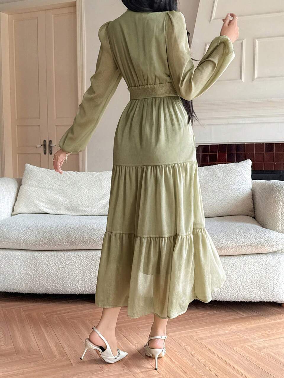 Women's Elegant Solid Color Frill Trim Petal Sleeve Mid-Length Dress, Summer,Wedding Guest Dress Women Sundress