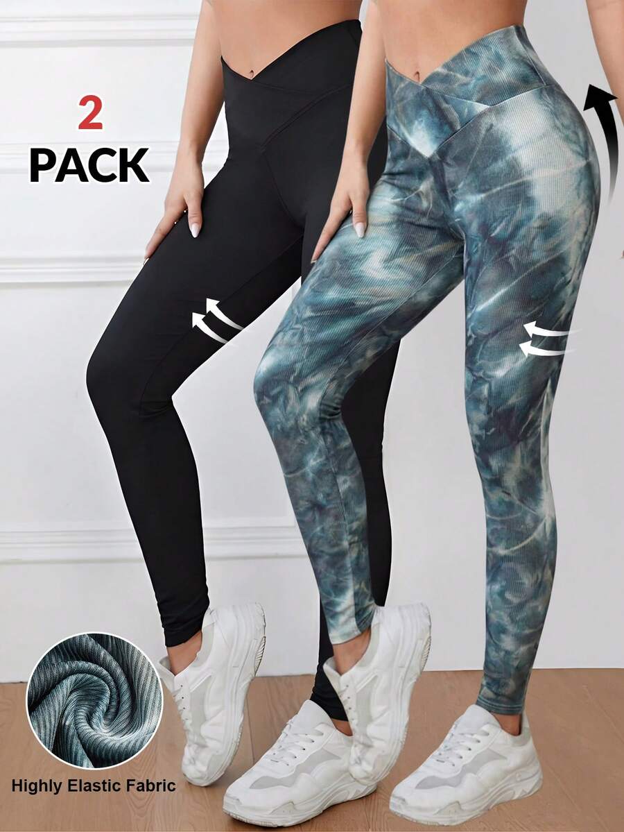 SHEIN EZwear 2 Colors Women's Minimalist Everyday Knit Leggings - Multicolor - View 1