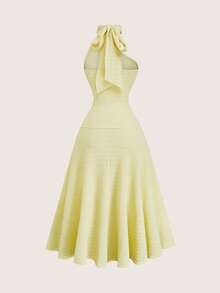 SHEIN LUNE Women Summer Elegant Sexy Pastal Dress,Sleeveless High Collar Tie Waist Ruched A-Line Silhouette Elastic Knit Long Dress For Tea Party Wedding Guest - Yellow - View 4