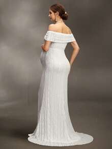 Cheriluna Maternity Đầm bầu trễ vai thanh lịch, chất liệu có họa tiết, thích hợp cho buổi chụp ảnh mùa hè. - Màu be - Xem 2