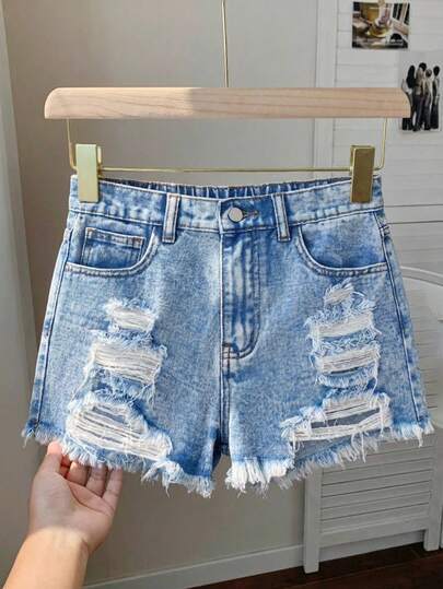 SHEIN Tween Girls Y2K Spring Summer Break Light Washed High Waist Ripped Raw Hem Denim Jeans Shorts With Raw Hem, Summer Beach Boho Vacation Shorts, Summer Concert Festival Causal Rave Outfits, Girls Summer Brunch Graduation Outfits
