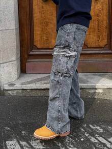 Heavens Edit 宽松男式翻盖口袋和侧面板工装牛仔裤（不含腰带） - 灰色 - 查看 4