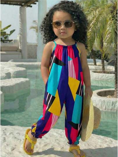 SHEIN Baby Girl Woven Geometric Print Jumpsuit Vacation Jumpsuit Baby Girl Toddler Girl Vacation Wear Colorful Little Kid Outfit Colorful Infants Jumpsuit Colorful Toddler Jumpsuit,Kids