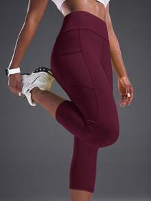 Powerista Women's Summer&Spring Gym&Fitness Sportswear Red Solid Color High Waist Breathable Fabric Skinny 7/8 Sporty Leggings - Burgundy - View 5