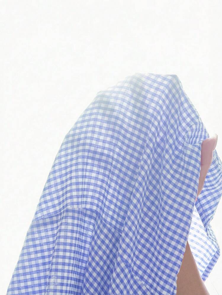 Plus Size Women's Summer Casual Vacation Country  V-Neck Double-Layer Cap Sleeve Blue Plaid Shirt Blouse,Plus Size Women's Summer Casual Vacation Country V-Neck Double Layer Cap Sleeve Plaid Shirt Blouse Top, Vacation,Holiday,Spring,Going Out,2026 New,Simple And Fashionable For Everyday Wear,Back Straps And Button Design Shirt,Casual Vacation Boho Top,Vacation, Daily Wear, Festival Outfits For Women,Country Concert Outfit,Beach Outfits For Women,Western Style