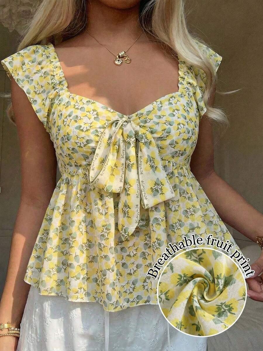 CovetEZ Women's Bohemian Style Yellow Floral Print Woven Summer Shirt, Fashionable Choice For Spring And Summer,Summer Top - Light Yellow - View 1