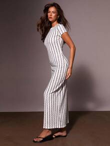 Athîral Petite 小号条纹透视圆领短袖修身连衣裙，时尚夏季连衣裙 - 彩色 - 查看 6