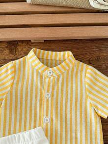 Newborn Baby Boy Casual Cute Striped Short Sleeve Shirt And Elastic Waist Shorts Set - Yellow - View 7