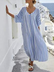 SHEIN Holidaya Đầm nữ dáng rộng thoải mái, họa tiết sọc xanh trắng kiểu retro, thích hợp cho kỳ nghỉ hè. - Màu xanh lam - Xem 3