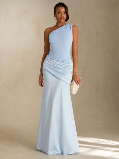 SHEIN Glamour Women's Blue Satin Knit Elastic Fabric Maxi One-Shoulder Dress, Sexy & Elegant Party/Vacation Versatile Dress, Women's Blue Dress, Blue Dress For Women Summer Holiday Outfits Elegant Dresses For Women Elegant Party Dresses Festival Outfits Summer Dresses For Women