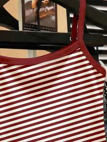 Retro Versatile Encore Red + White Striped, Contrast Print Pattern, Brown Tone, Young Girl Casual Minimalist Camisole Suitable For Summer, Cute Summer Outfits For Summer Kids Items, Summer Outing Items, Korean Style, Easy Comfort, Stylish Kids, Y2K, Kawaii, Party, Everyday, Vacation, Cute, Comfy, Summer 2026, Cottagecore, Weekend Casual, Family Outing, Photoshoot Outfits, Chill Chill, Baby & Kids Graphic Tops - Multicolor - View 6