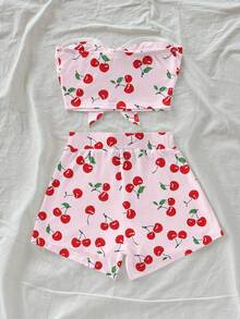 Soleia 女士夏季休闲沙滩度假樱桃印花扭结露脐抹胸上衣和短裤两件套 - 粉色 - 查看 2