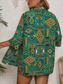 SHEIN CURVE+ Curve 尺码 US22 音乐节、海滨度假、波西米亚风女士几何印花七分袖和服衬衫及短裤休闲两件套 - 綠色 - 查看 2