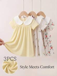 SHEIN Vintaside Kids 3pcs/Set Baby Girl Fresh Cute Floral Patchwork Peter Pan Collar Dress Set, Casual Outdoor Party Social Occasions - Multicolor - View 9