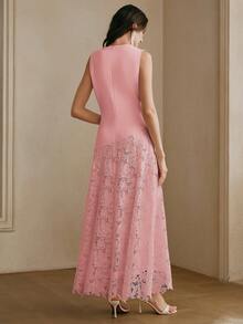 Anewsta Spring/Summer Elegant Knit Fabric Patchwork Hollow Embroidered Floral Pattern Waist Arc Split Sleeveless Cinched Waist Dress For Women Dinner Date - Pink - View 3