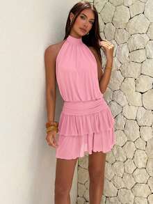 Aloruh Women's Sexy & Elegant Halter Neck Ruched Flounce Hem Mini Dress,Pink Dress - Pink - View 5