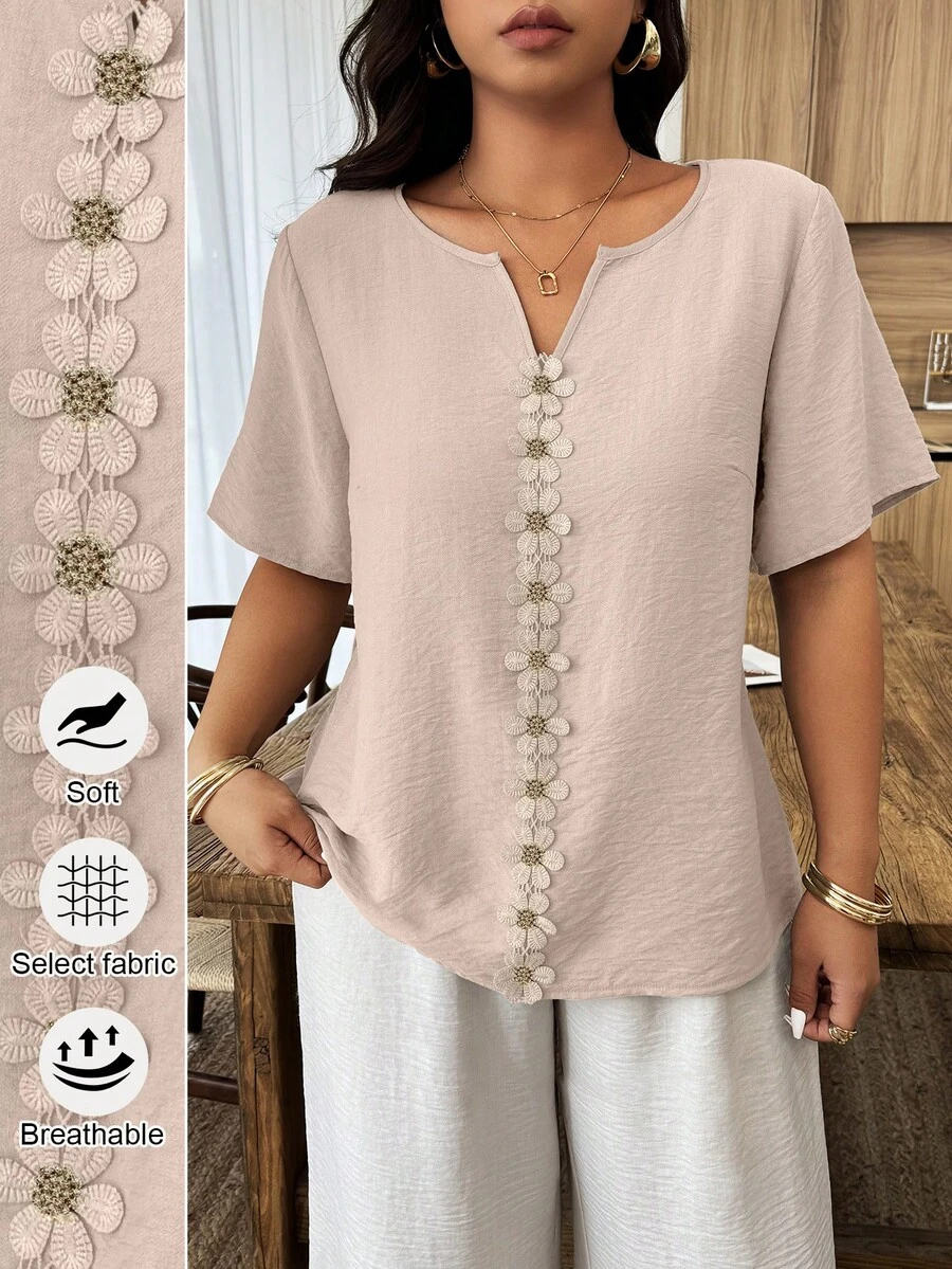 Weeklong Plus Size Women's Spring/Summer Vacation Floral Patchwork Ruffle Trim Loose Short Sleeve Top - Apricot - View 1