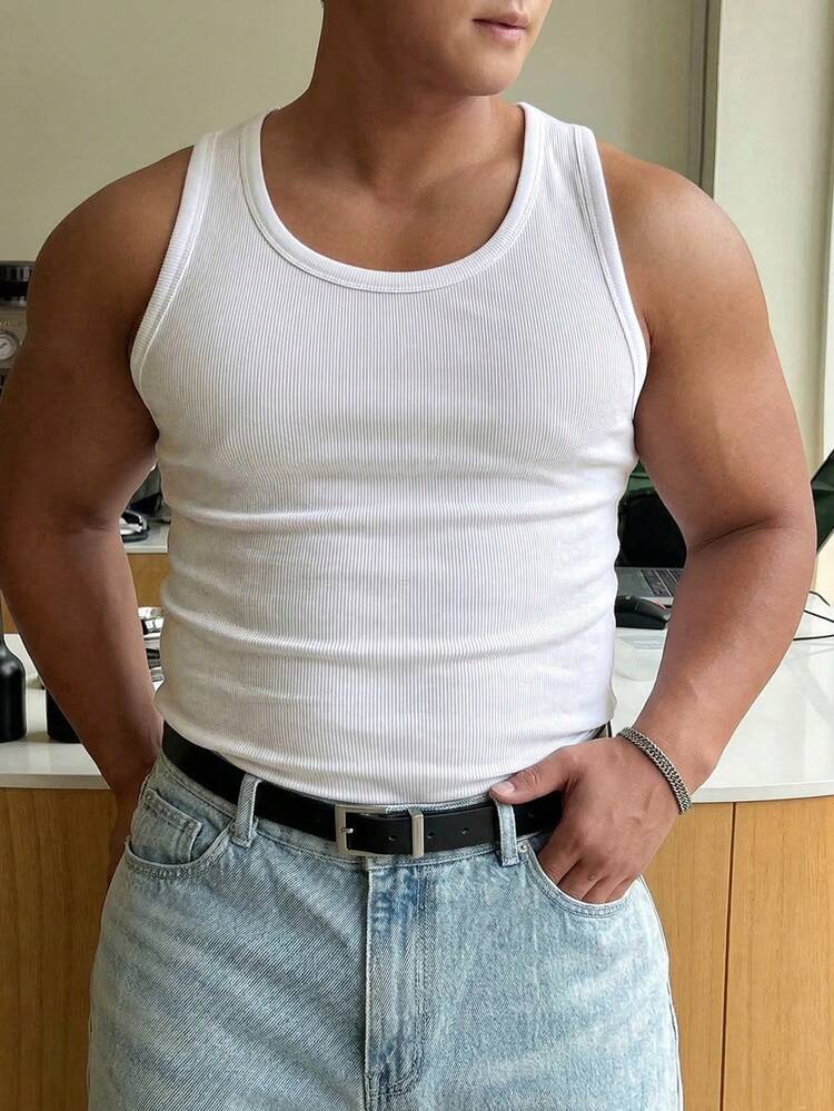 Plus Size Men's Solid White Crew Neck Fitted Tank Top, Versatile For Summer