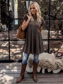 LanaWest 女士咖啡色纯棉套头圆领蝙蝠袖腰部褶皱宽松娃娃裙，夏季波西米亚休闲度假风 - 咖啡 - 查看 7