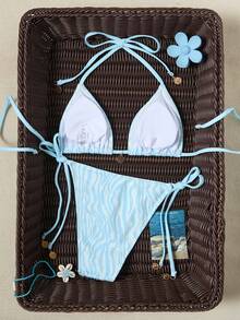 SHEIN Swim Mod Bộ bikini hai mảnh màu xanh dương chất liệu đặc biệt dành cho nữ, kiểu dáng tam giác, cổ yếm, gợi cảm, thanh lịch, thích hợp cho kỳ nghỉ, đi biển, hồ bơi, tiệc tùng. - Màu xanh lam - Xem 4
