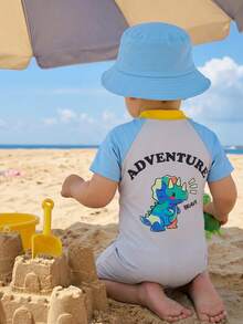 SHEIN Baby Boy Summer Casual Vacation Dinosaur Pattern Color Block One-Piece Swimsuit & Shorts, Suitable For Beach, Hot Spring, Swimming Pool - Multicolor - View 4