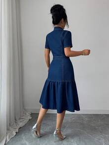 SHEIN PETITE 女士新款通勤衬衫裙牛仔连衣裙 - 深色水洗藍 - 查看 2
