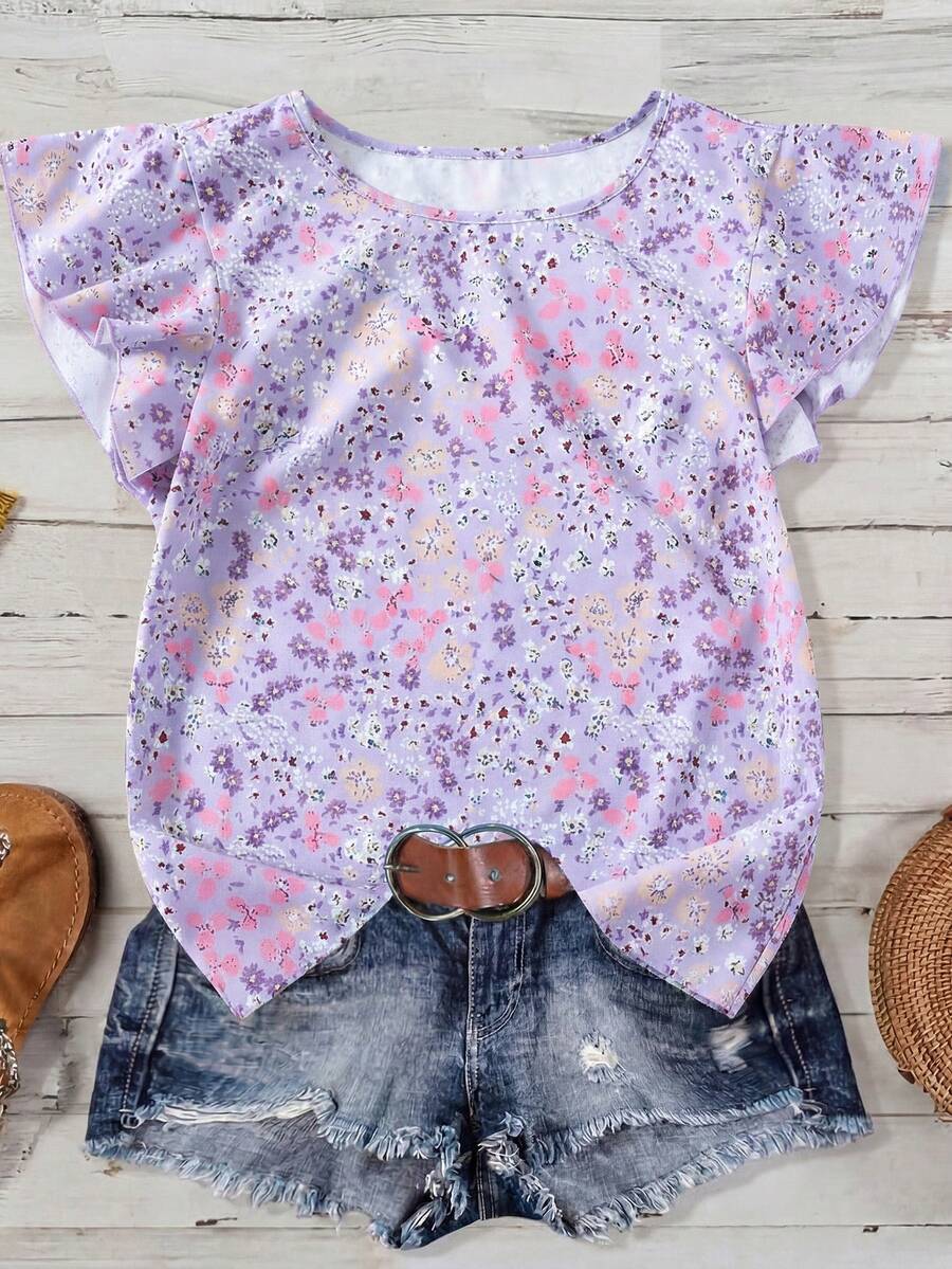 EMERY ROSE Women's Ditsy Floral Regular Fit Vacation Casual Commute Shirt With Ruffle Sleeves - Mauve Purple - View 1