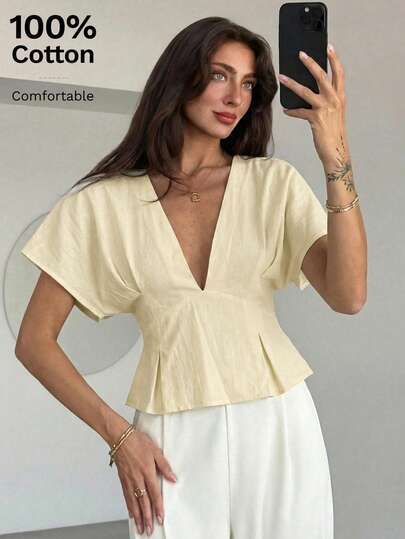 Aloruh Women's Solid Color Deep V-Neck Bat Sleeve Pleated Hem Sexy Blouse Concert Outfit Women Rave Outfits Festival Country Concert Outfit Ibiza Outfits Nashville Outfits Western Wear Women Western Boho Streetwear Tropical Gyaru Teacher Outfits For Women  Teacher  Teacher Outfits  Teacher Clothes Teacher Shirts Pale Yellow V-Neck Elegant Shirt, Perfect For Office Commuting.
