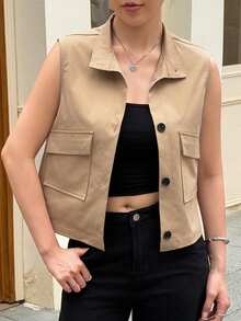 Livesso 女士纯色立领口袋短款夹克 - 卡其色 - 查看 3