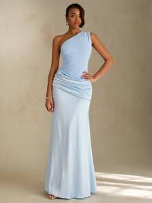 SHEIN Glamour 女士蓝色缎面针织弹力面料单肩长款连衣裙，性感优雅，适合派对/度假等各种场合，也可作为女士蓝色连衣裙或伴娘礼服。 - 藍色 - 查看 5