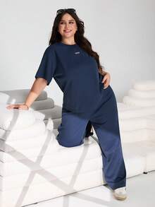 Solflare Plus Size Women 2pcs Set - Round Neck Short Sleeve Top And Wide Leg Pants, Casual Daily Wear - Navy Blue - View 5