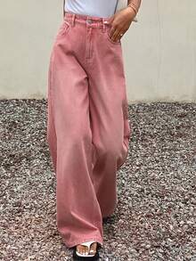 Livesso Quần jeans nữ màu hồng nhạt, dáng rộng, phong cách thường ngày, kiểu rách nhẹ, chất liệu cotton, hàng mới về mùa xuân/hè. - Hồng - Xem 3