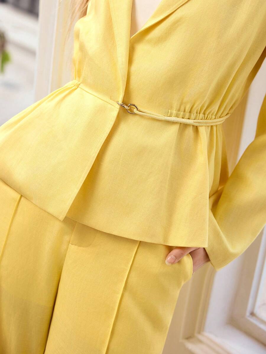 MOTF PREMIUM WOMEN'S LONG SLEEVE 100% LINEN CINCHED WAIST BLAZER, SUITABLE FOR DATES AND VACATIONS - Yellow - View 1