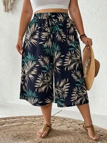SHEIN CURVE+ Plus Size Elastic Waist Wide Leg Capri Pants Beach Outfits For Woman Plus Size - Multicolor - View 6