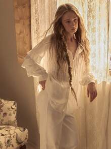 MOTF STUDIO 女士棉质提花荷叶边纽扣衬衫 - 白色 - 查看 7