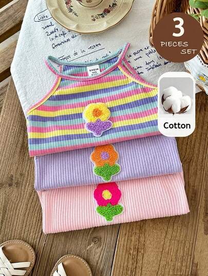 SHEIN LMoss Kids 3pcs Baby Girl Knitted Solid Color 3D Floral Striped Pullover Top Set