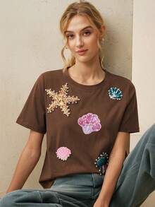 Anewsta Áo thun nữ tay ngắn cổ tròn đính sequin và hạt cườm kiểu dáng thường ngày - Cà phê nâu - Xem 6